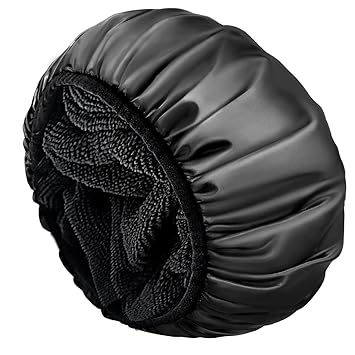 Aquior Shower Cap,Terry Lined Shower Cap for Women Reusable, Triple Layer Waterproof Bath Cap, Extra Large for Women Long HairBlack