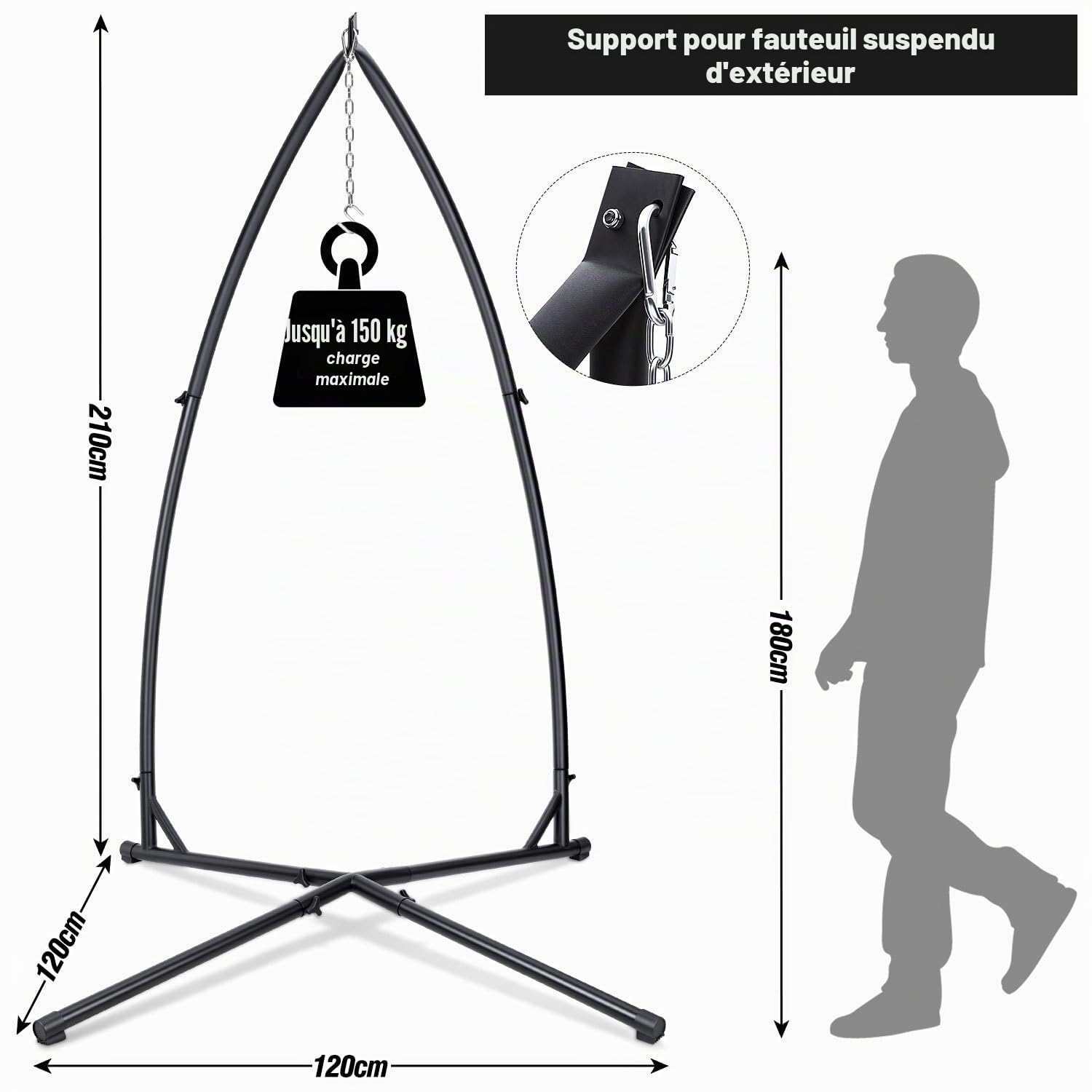 Armature de chaise suspendue 150 kg, en métal, support de siège suspendu avec structure stable, support de hamac pour siège suspendu, support en tube d'acier de 215 cm, pour l'intérieur et
