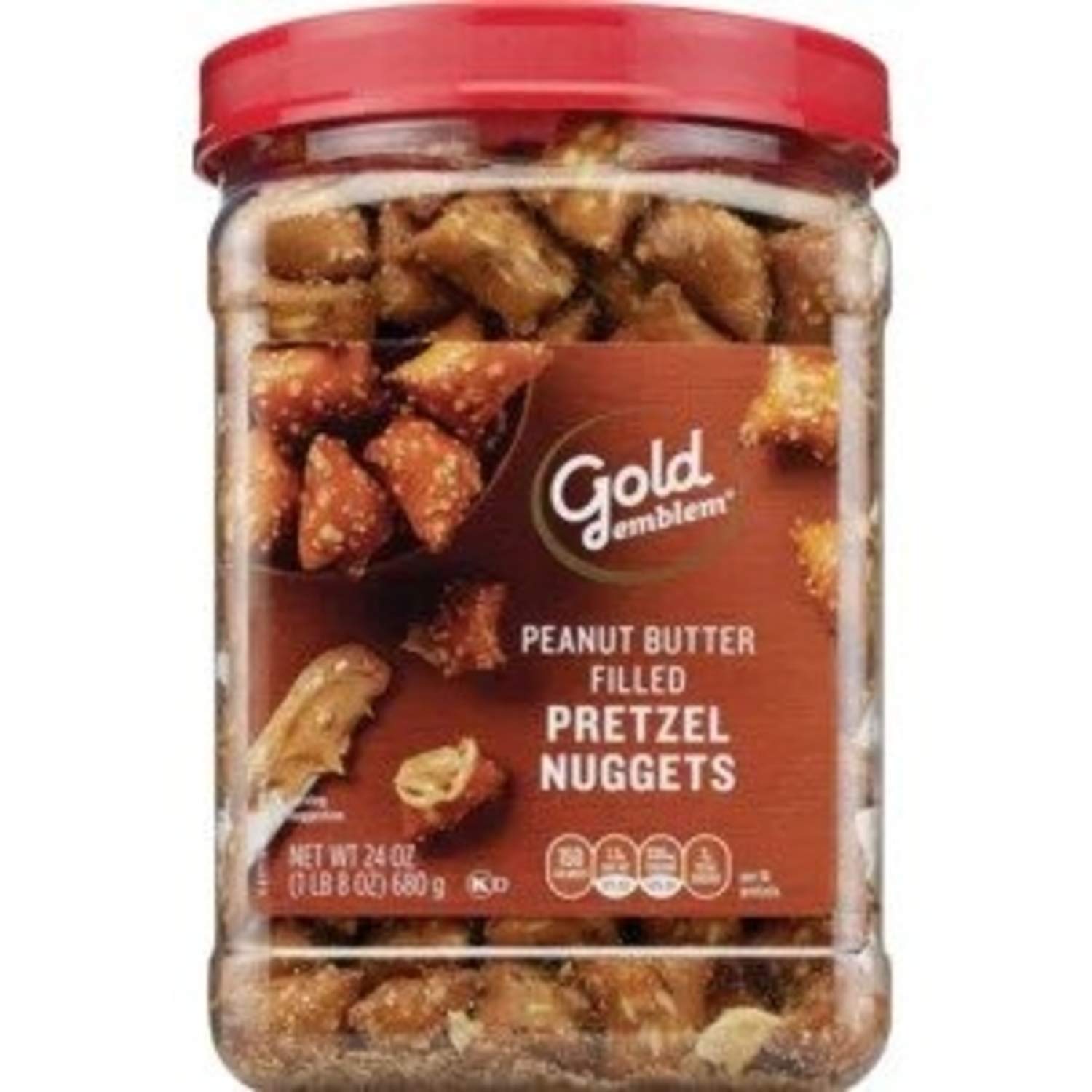 Pepitas pretzel rellenas de mantequilla de maní con emblema dorado