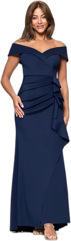 Xscape Women's Long Off-the-Shoulder Sweetheart Neckline Formal Evening Gown with Ruching and Draped Ruffle Detail