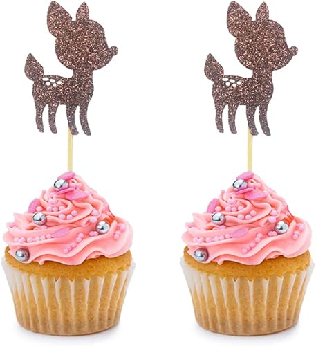 24 piezas de decoración de cupcakes de ciervos con purpurina marrón para fiesta de niños, baby shower, boda, cumpleaños, tarta, fiesta temática,