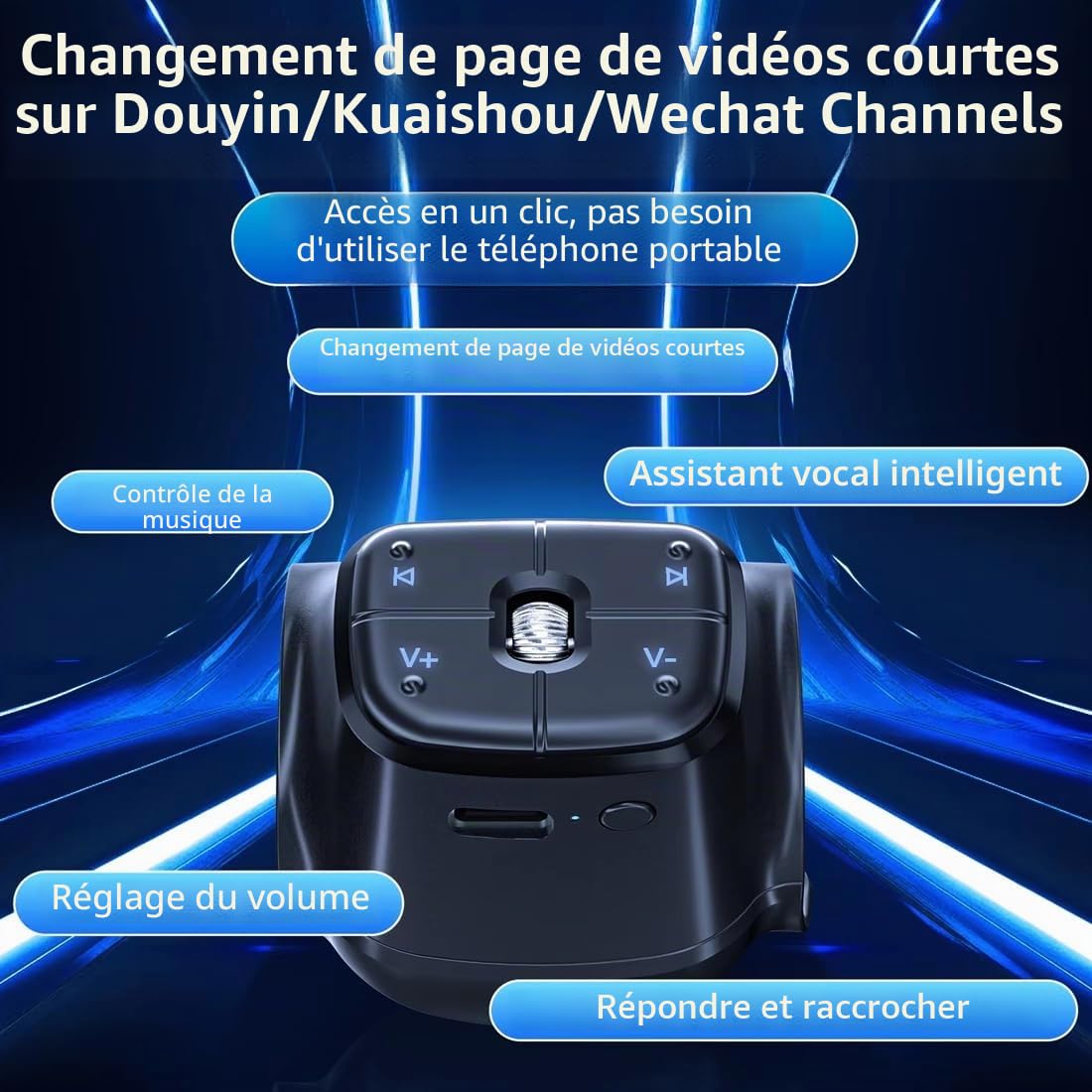 Télécommande Bluetooth, télécommande médias, contrôle de défilement TikTok, contrôleur de Musique, pour Voiture Moto vélo, Bouton intégré au Volant, Batterie Rechargeable, Compatible iPhone Android.