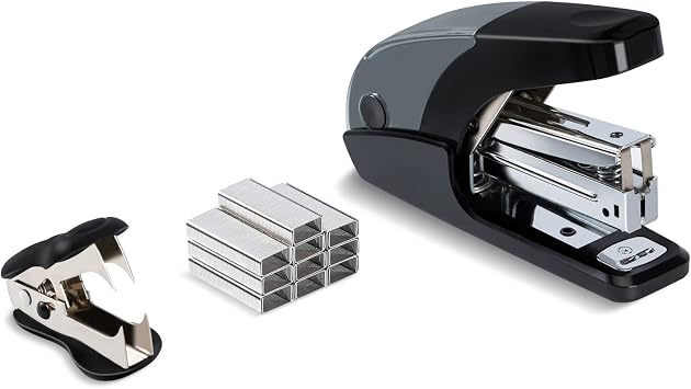 PAPERPAL Effortless Stapler Set, 20 Sheet Capacity, Black | Half-strip stapler with built-in staple storage; includes 1,000 1/4-inch staples and a staple remover for office and school.