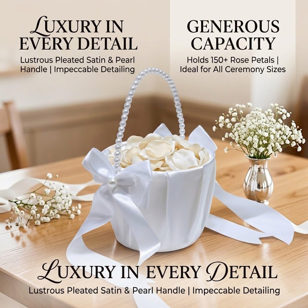 2 Pack Flower Girl Baskets for Wedding Ceremony, Pearl Beaded Handle Satin Basket with Bows, Elegant Ivory