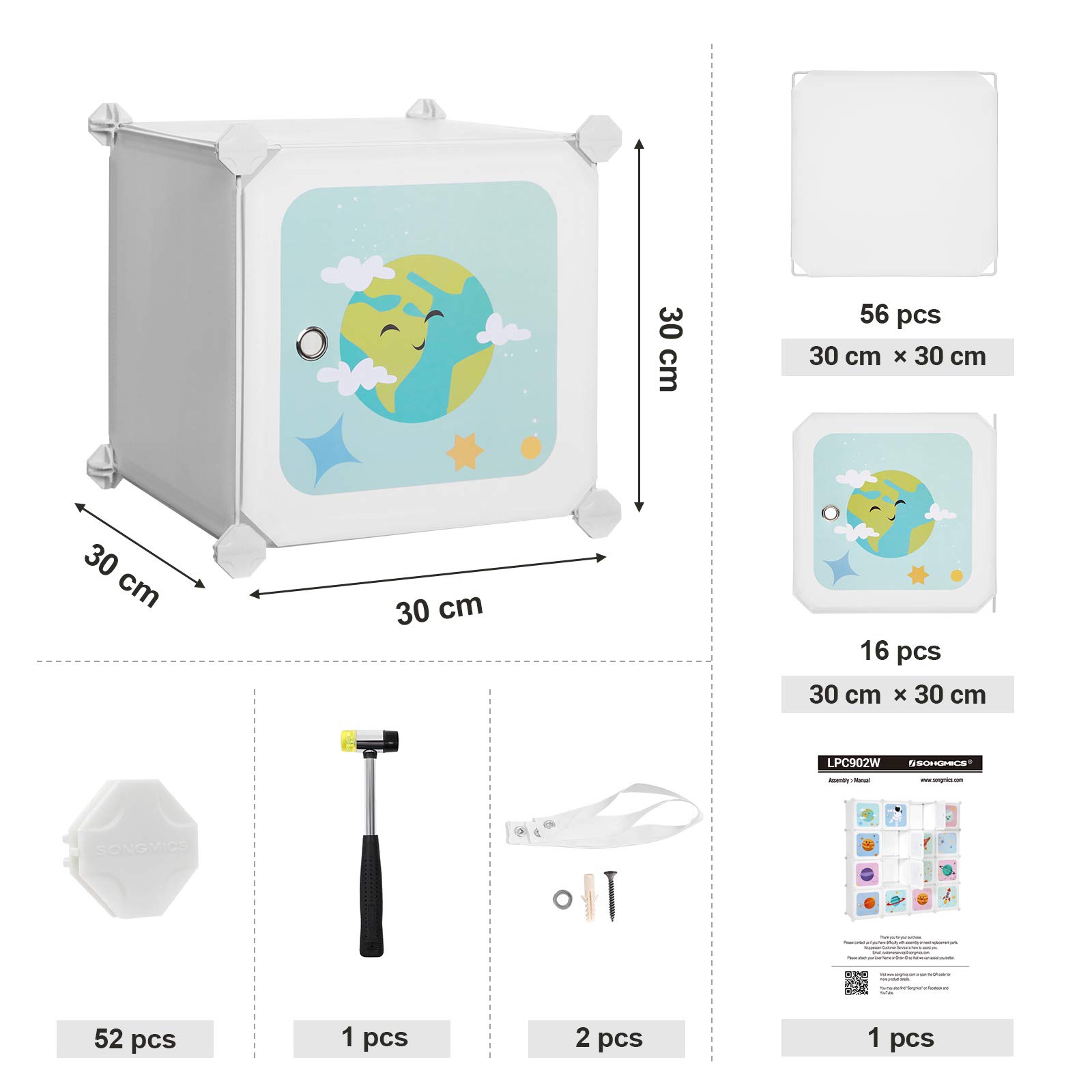 SONGMICS Modułowa szafa dziecięca 15 wiader, modułowy organizer dla dzieci, plastikowe półki na wiadra, z drzwiami, na ubrania, buty, zabawki, 151 x 31 x 153 cm, biały LPC902W
