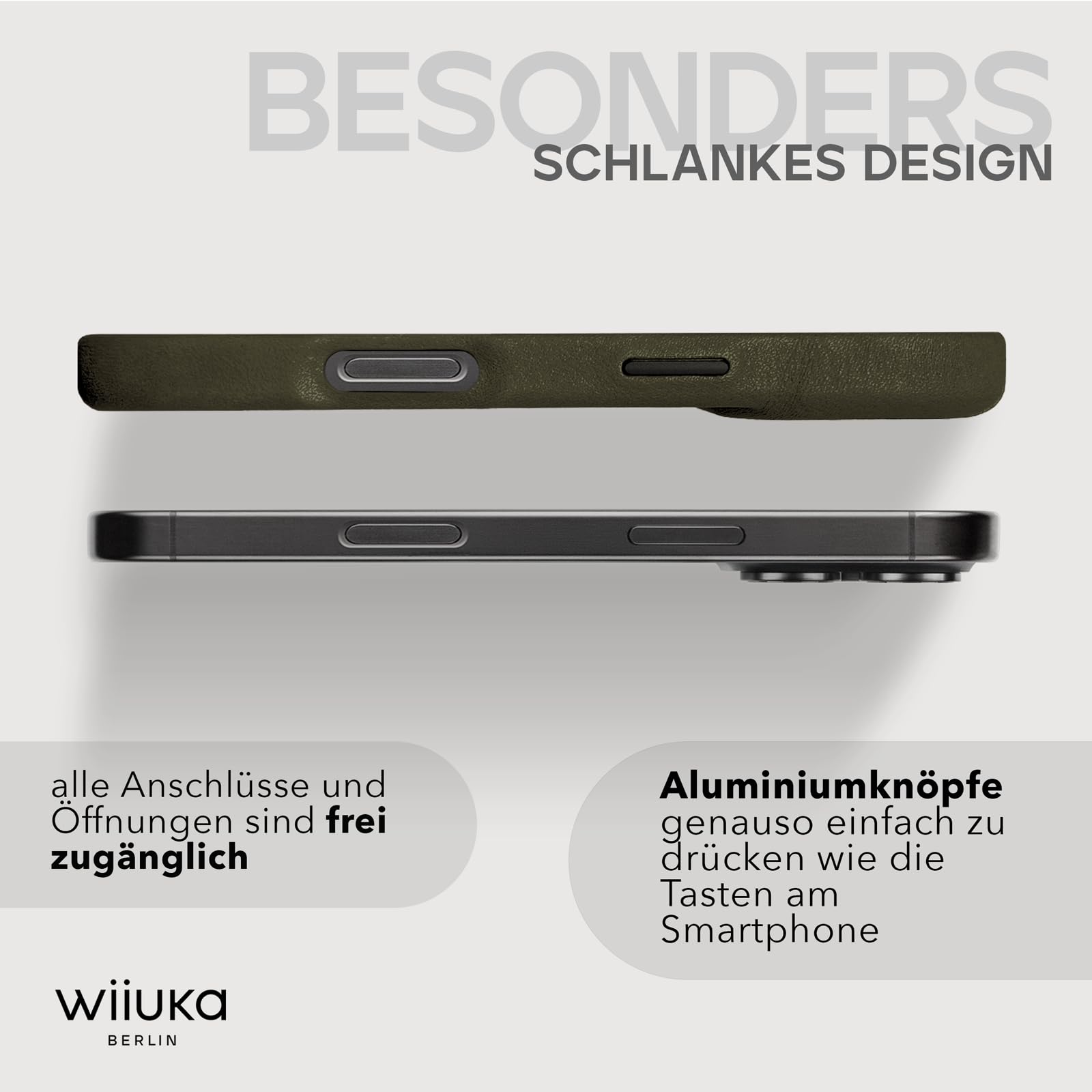WIIUKA Custodia per iPhone 16 Pro, pelle tedesca, in pelle, extra sottile, di alta qualità, Qi, skiin More, Vintage Oliv