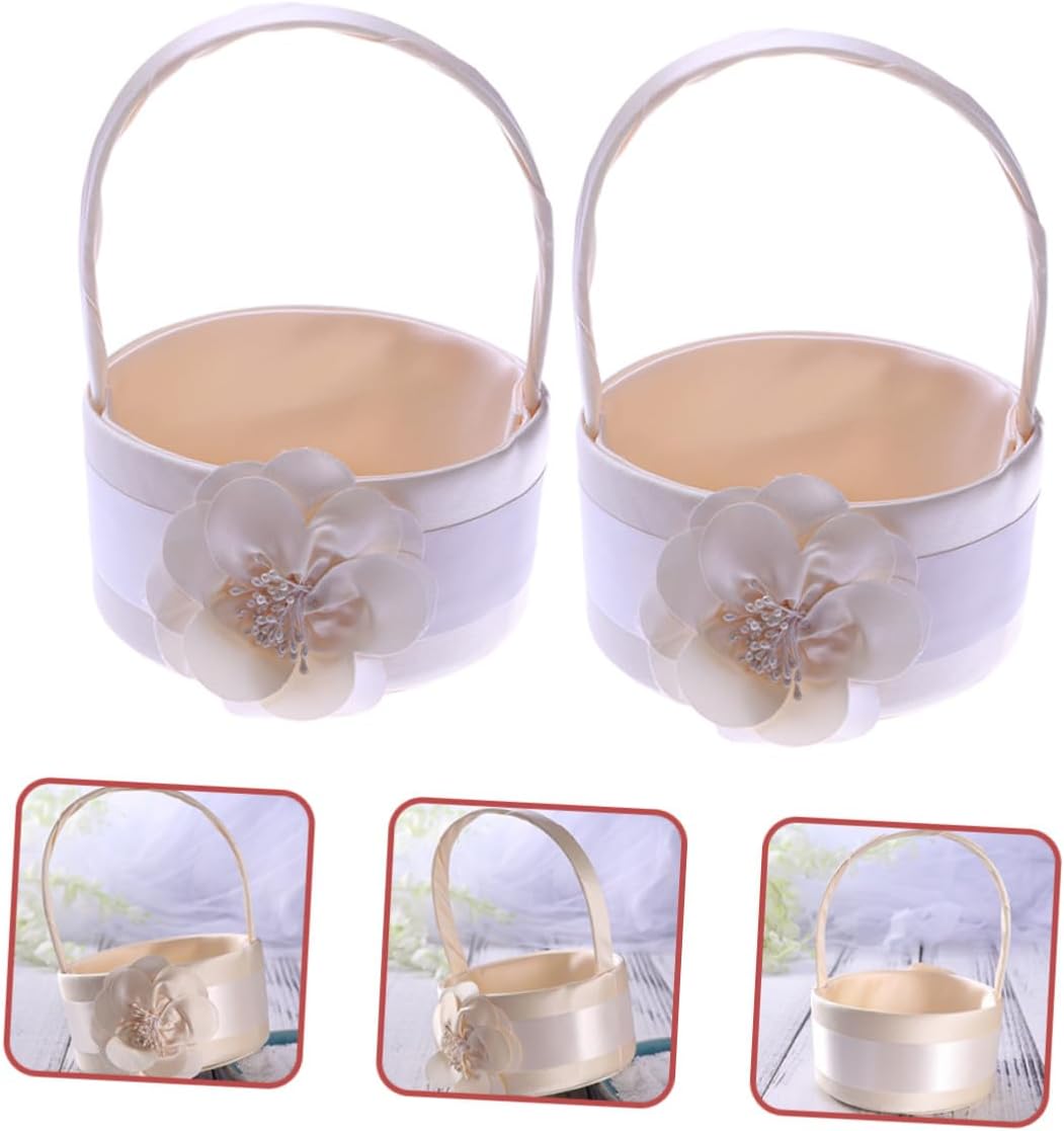 Set of 2pcs Satin Wedding Flower Basket for Flower Girl, Handheld Petal Basket Wedding Supplies for Ceremony and Party Decoration