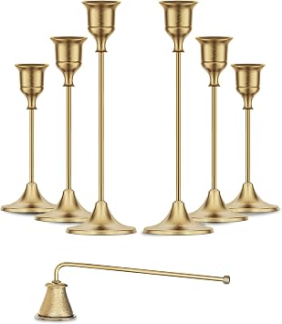 Gold Candleholders for Taper Candlesticks Plus Candle Snuffer Dining Table Decor Centrepiece - Brass Candelabra Candlestick Holder - Gold Decor for Home Weddings Celebrations Events Set of 6 Pcs