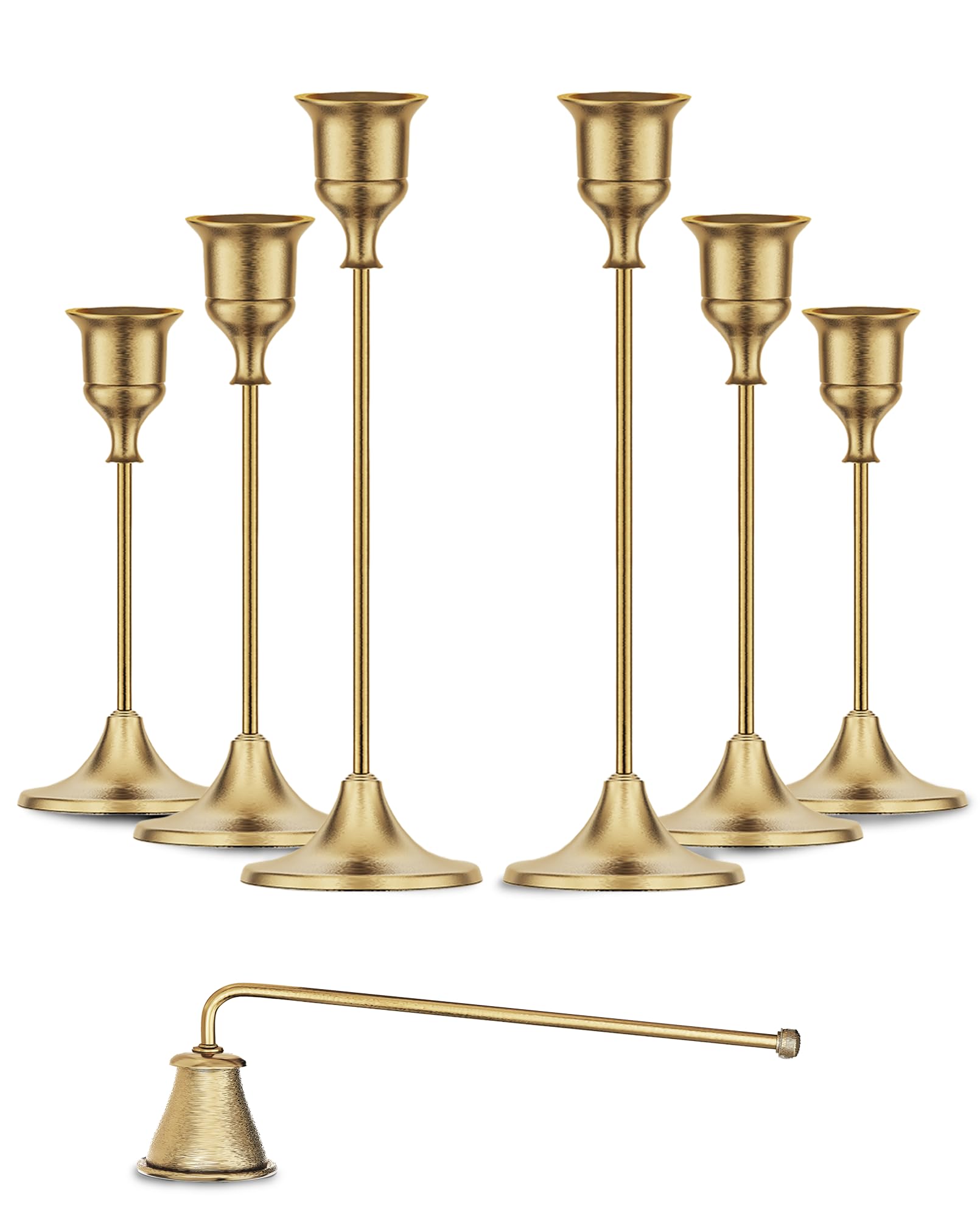 Gold Candleholders for Taper Candlesticks Plus Candle Snuffer – Dining Table Décor Centrepiece - Brass Candelabra Candlestick Holder - Gold Décor for Home Weddings Celebrations Events (Set of 6 Pcs)