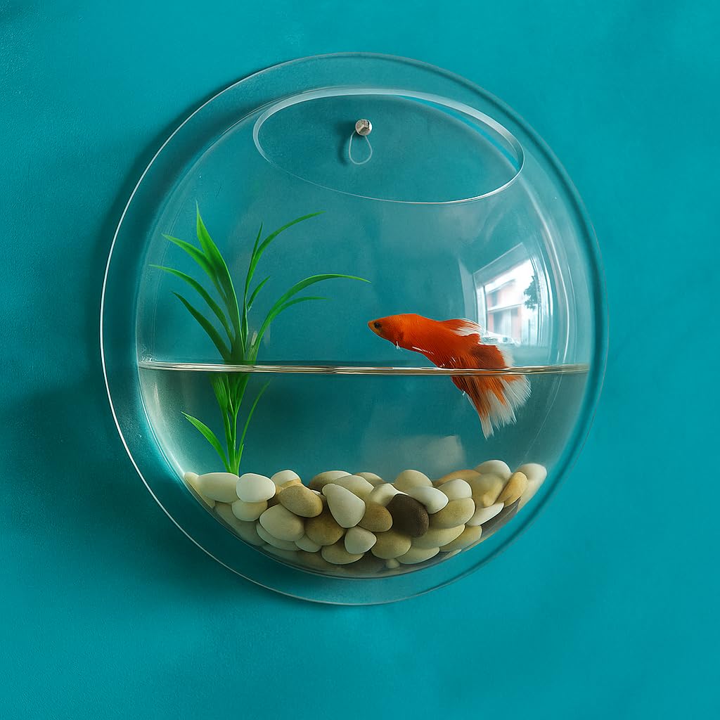 DDSS Wall Mount Hanging Acrylic Aquarium Bowl for Small Guppi Fish/Plants Plants Acrylic (6 INCH Dia, Clear)