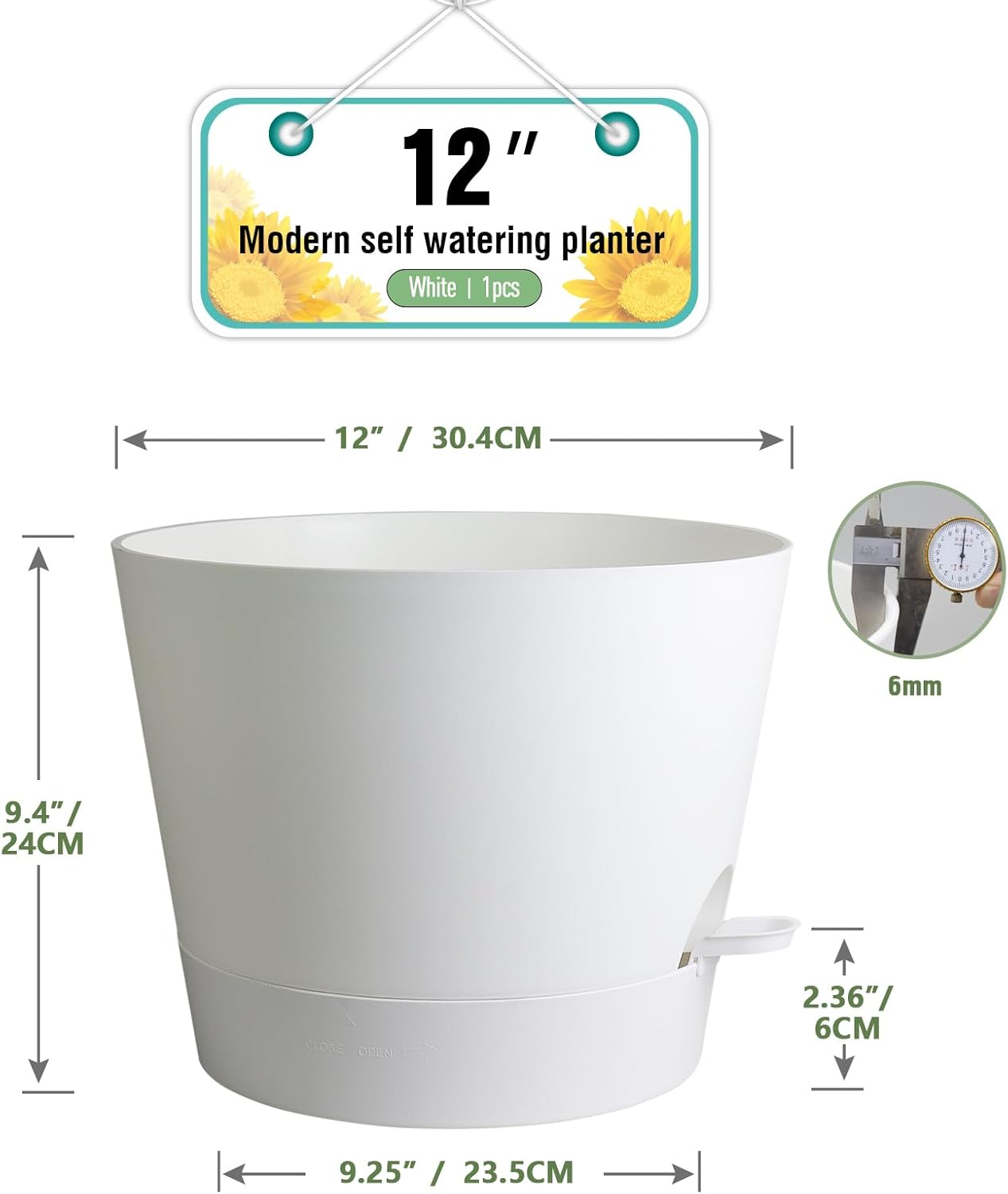 Meowell 12 inch Large Self Watering Pots for Indoor Outdoor Plants, Flower Plant Pots with Mesh Drainage Holes for Garden House, Plastic Planters with Reservoir for Home, White