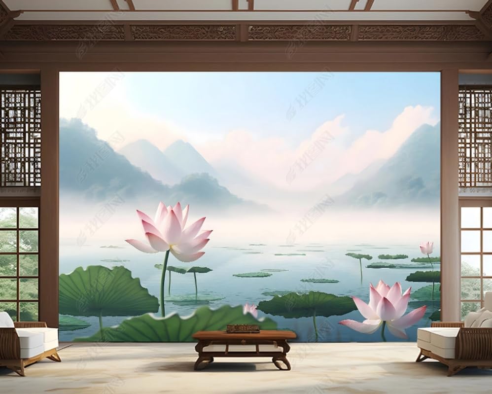 Photo Wallpaper 3D Wall Mural Lotus Leaf Lotus Sky Mountain Lake Non-Woven Wallpaper Modern Living Room Bedroom Office Wallpaper Home Decor Custom Size