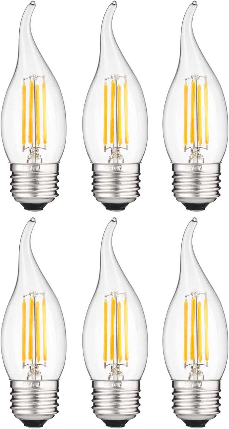 Sunlite LED Filament CA11 Flame Tip Chandelier Light Bulb, 4 Watts (40W Equivalent), Medium E26 Base, Clear Glass, Dimmable, 2700K Soft White, 6 Pack