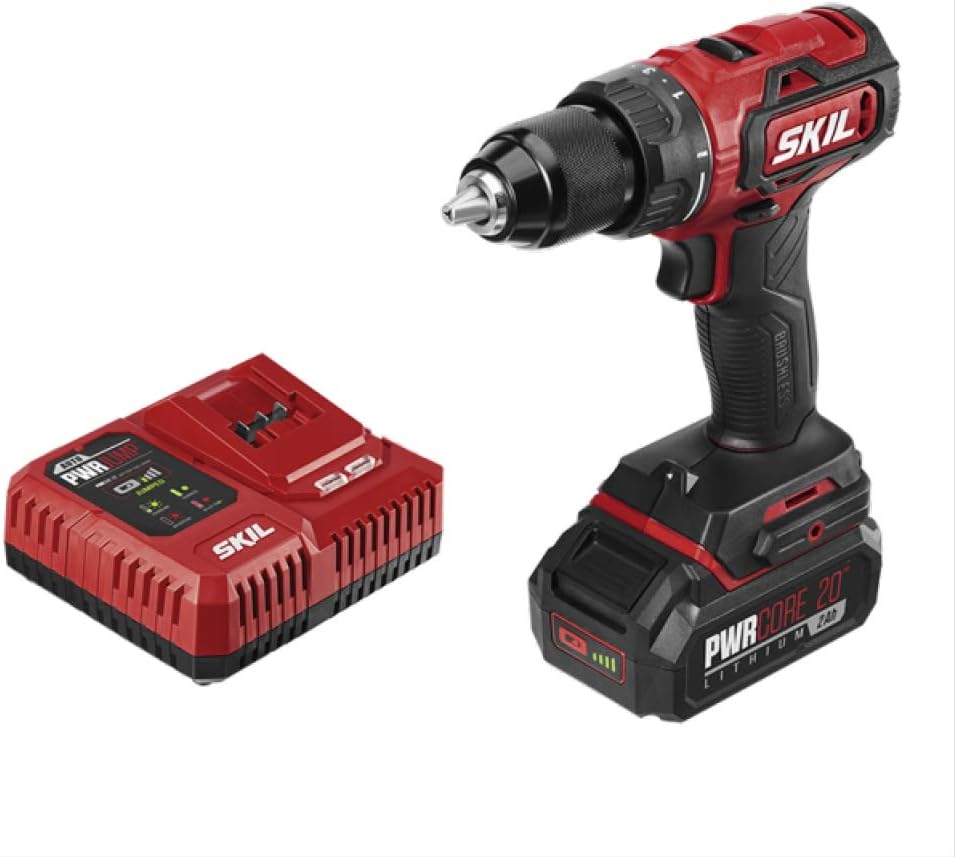 SKIL PWR CORE 20 Brushless 20V 1/2 Inch Drill Driver Includes 2.0Ah Lithium Battery and PWR JUMP Charger - DL529302