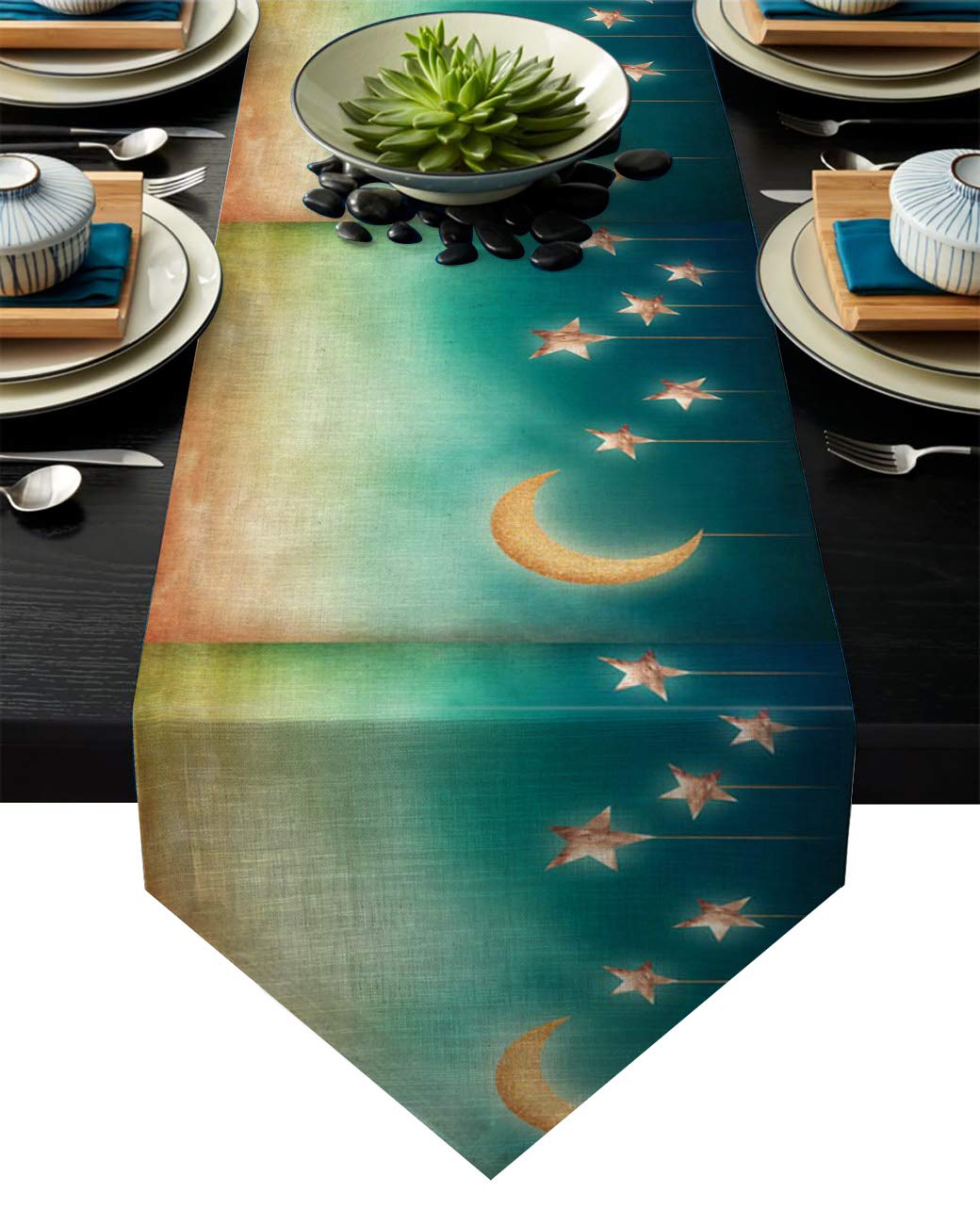 Cotton Linen Table Runners Moon Star Painting Tablecovers for Kitchen Garden Wedding Parties Dinner Indoor Outdoors Home Decorations Green 13x70 inches
