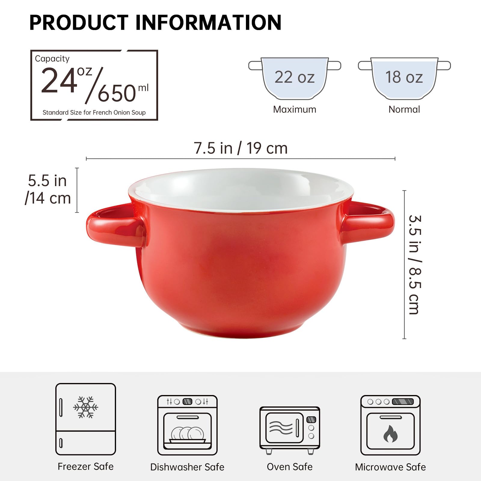 UNICASA Suppentassen mit Henkel 4 teilige Suppenschüsseln servieren Suppe Crocks Schalen, Suppenschalen, Bouillontassen, Müslischüsseln, Füllmenge 650ml, Rot