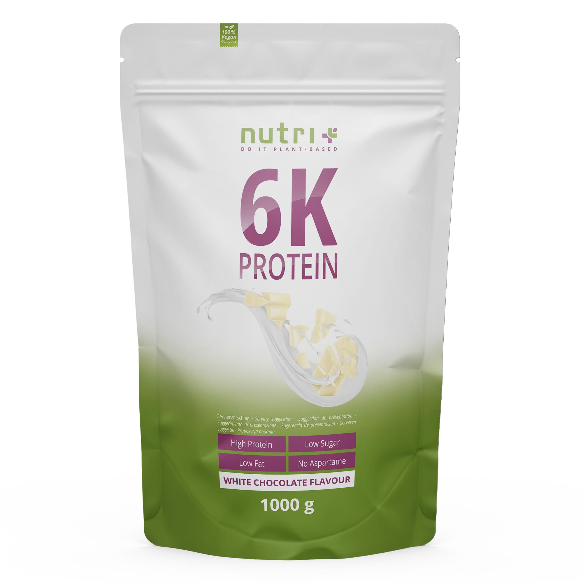 nutri+ 6k Protein Powder White Chocolate 1 kg - Proteina al Cioccolato Bianco - 82% di Proteine - Frullato Proteico a Basso Contenuto di Zuccheri