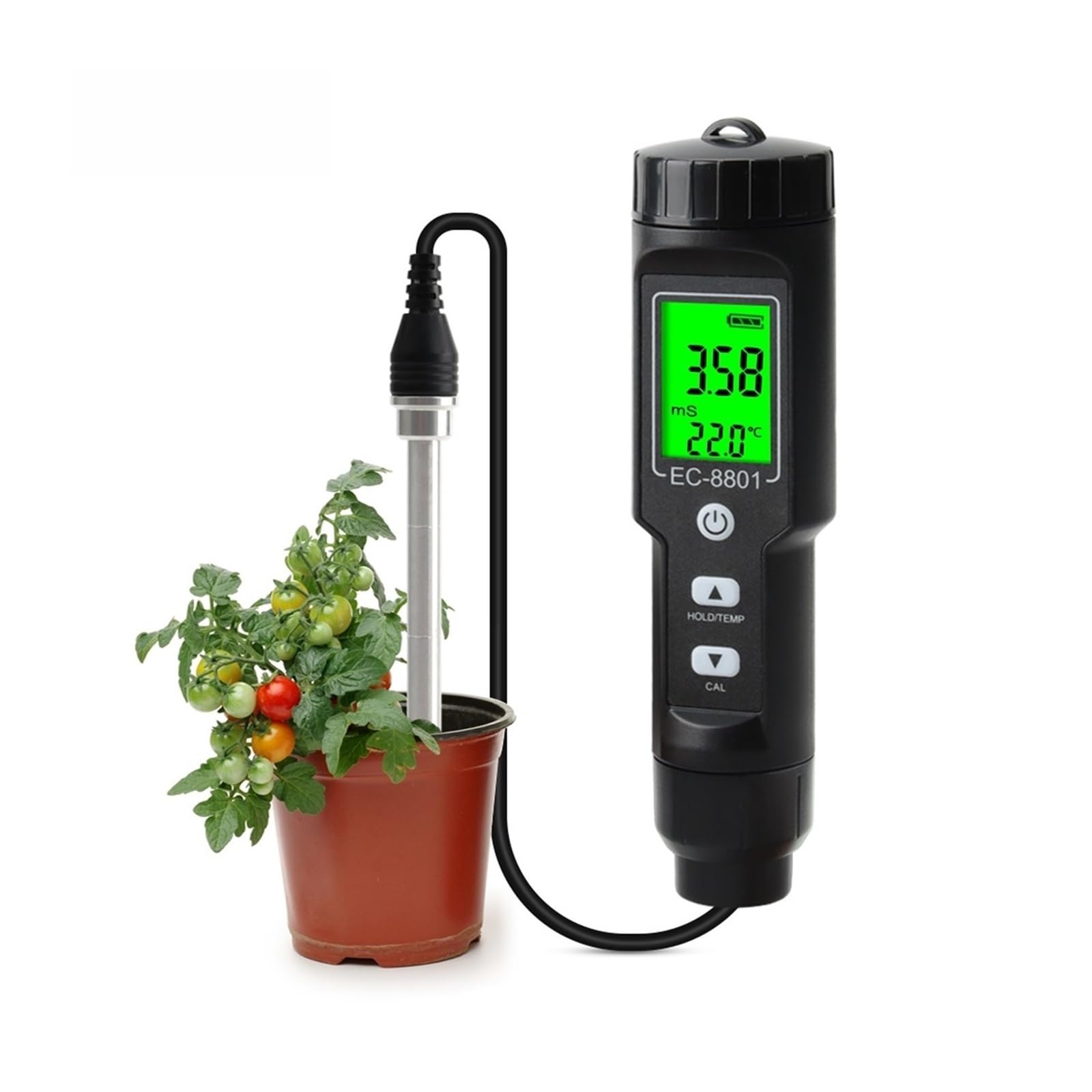 Feuchtigkeitsmesser, Digitaler EC/Temp Bodentester 0,00 ~ 10, ms/cm Leitfähigkeitsmessgerät Sensor Erdanalysator mit ATC Pflanzgarten Outdoor für Garten, Bauernhof(EC-8801B)