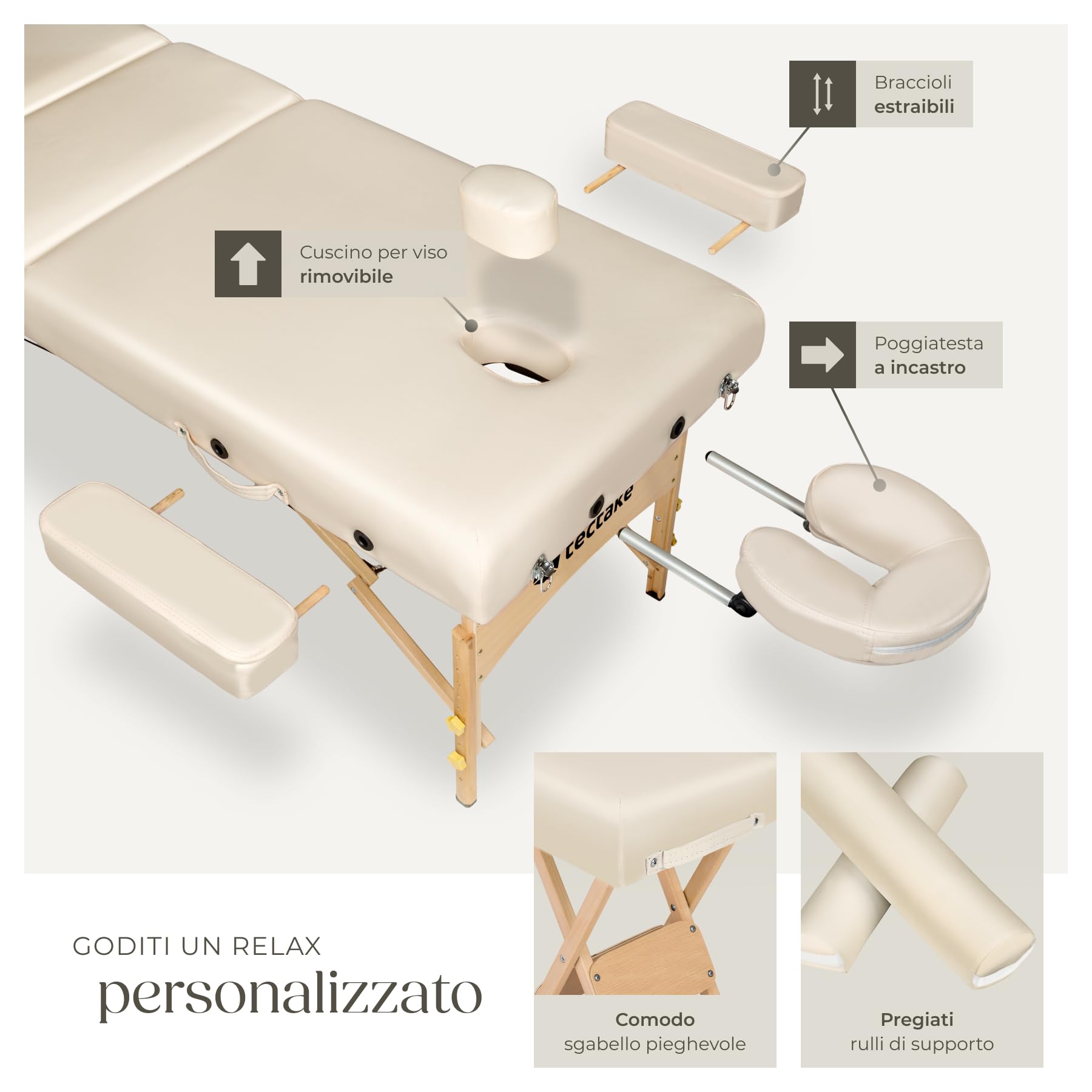 tectake® Lettino Massaggio portatile, Morbida Imbottitura, Poggiatesta, letto pieghevole, Legno, lettino estetista, fisioterapia, Lettino Tattoo - Beige