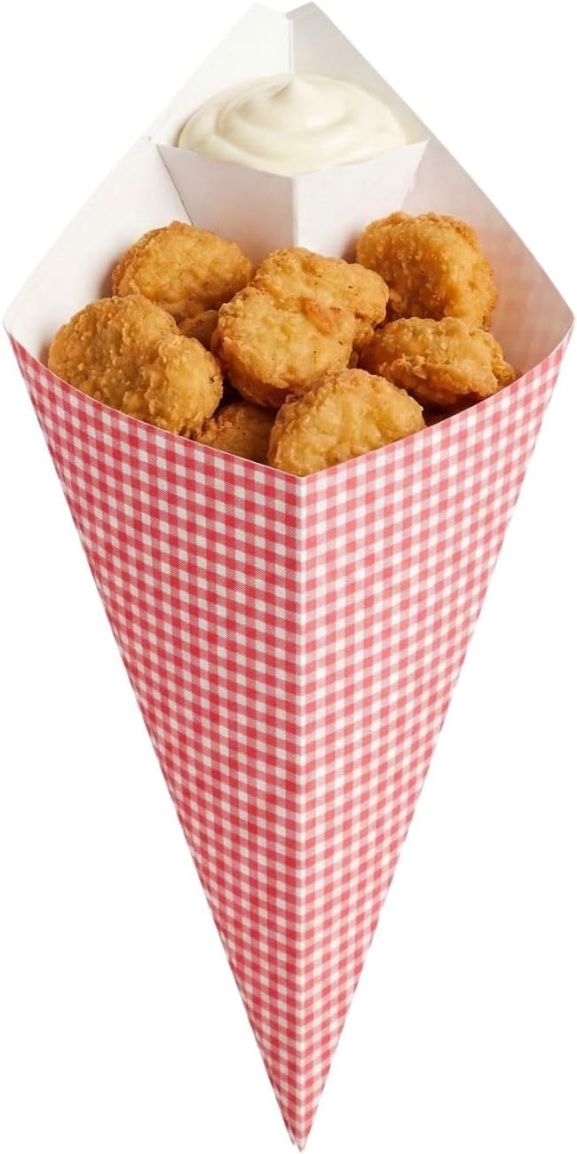 Restaurantware-10-Inch Eco-Friendly Finger Food Cones with Built-in Condiment Dipping Pocket: Perfect for Appetizers - Food-Safe Paper Cone with Picnic Print Styling - Disposable - 100-CT