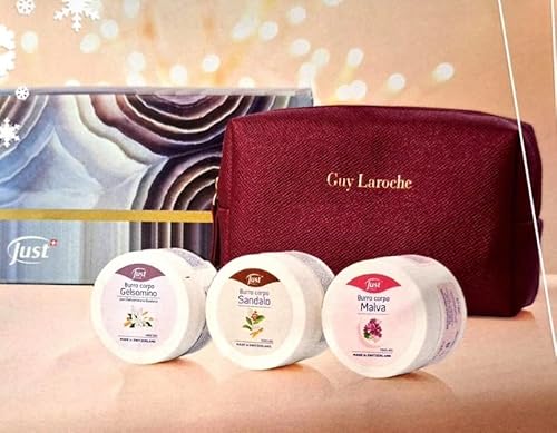 JustLaroche Set Regalo con Pochette Bordeaux, 3 Burri Corpo Just per il Corpo (Gelsomino, Sandalo, Malva)
