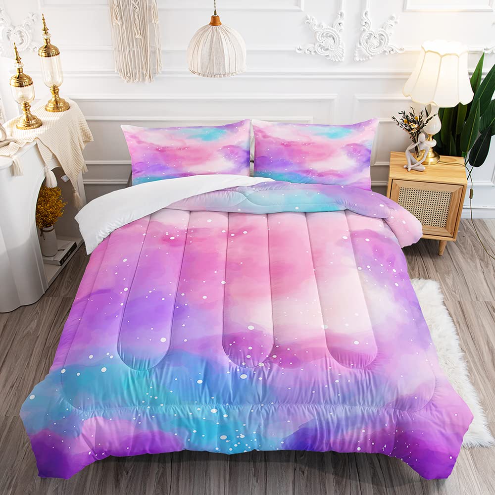 Watercolor Pastel Glitter Comforter Set for Girls Kids Teens, Queen Size Turquoise Purple Orange Rainbow Galaxy Cloud Bedspreads with 2 Gradual