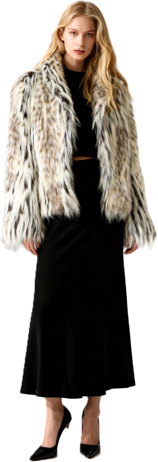 Women's Faux Fur Winter Coat Open Front Long Sleeve Fluffy Tabby Leopard Mix Color Coat With Pockets