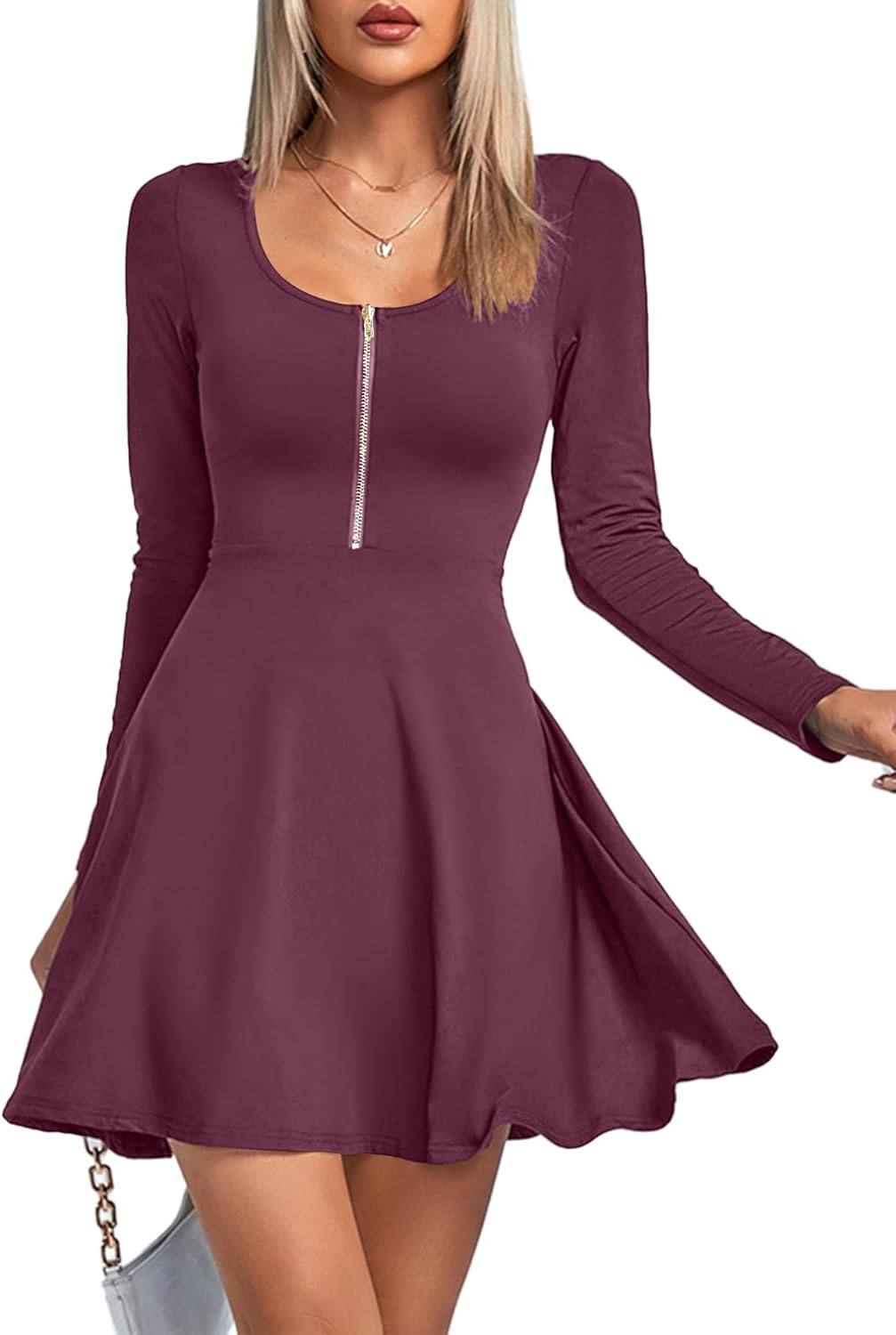 Umenlele Women's Scoop Neck Long Sleeve Dresses Casual Flowy Swing Mini Short Wrap Skater Dress