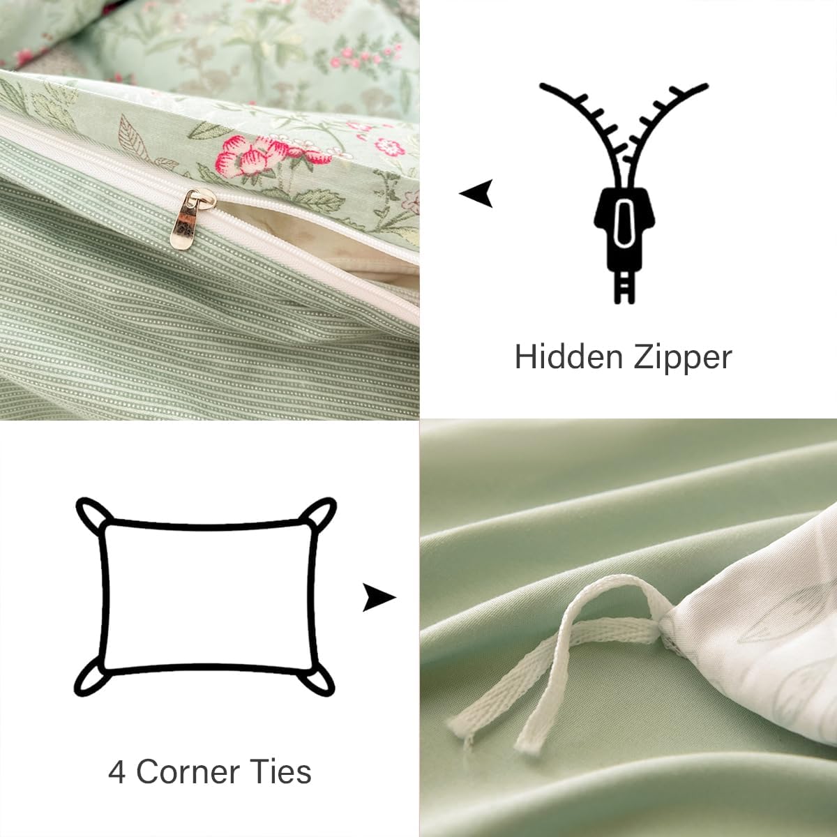 Duvet Cover Queen 3 Piecess Green Pink Floral Bedding Set for Girls Kids Colorful Botanical Flower Bedding Soft Breathable Microfiber Sage Green Comforter Cover with 2 Pillowcases