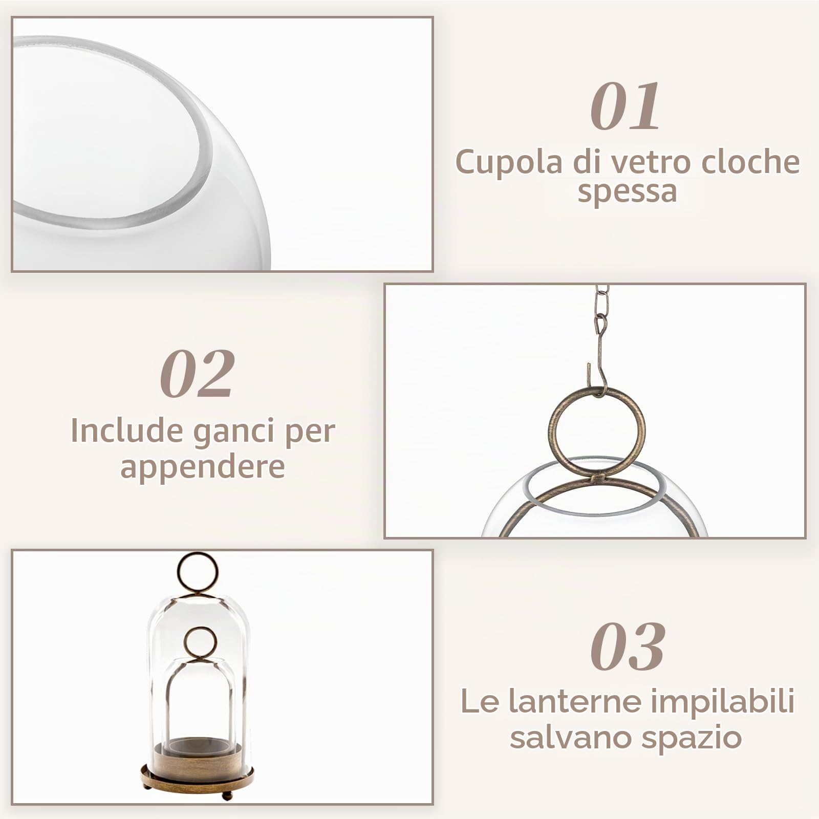 Sziqiqi Portacandele Hurricane per Candele a Colonna: Lanterna Vintage Ottone con Cupola in Vetro per Soggiorno - Set di 2 Grandi Lanterne Metalliche con Catena per Centrotavola Camino Esterno