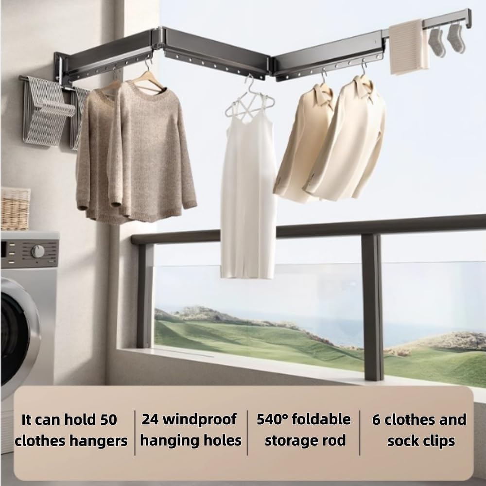 Aluminum Folding Wall Mounted Drying Rack, 4-Fold Retractable Laundry Room Organization with Windproof Holes and 6 Clips, Drying Rack for Laundry Room, Bedroom(Black)