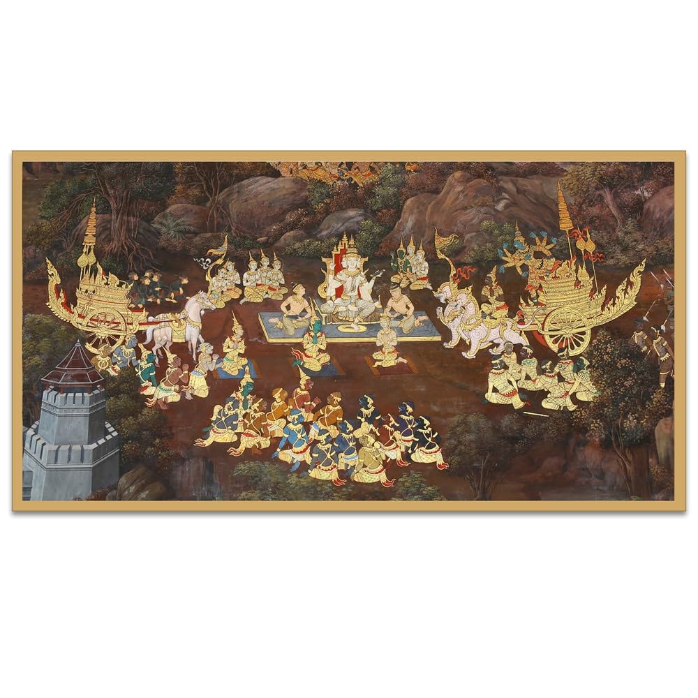 DEKORSTATION Traditional Thai painting art about Ramayana story on display at the temple Floating Frame Canvas Wall Painting for Home and Office DΓ©cor (18" W x 12" H)