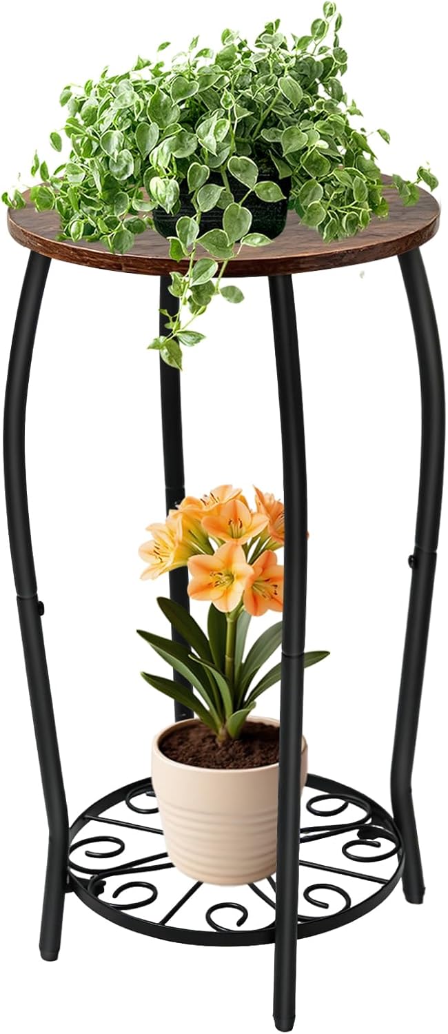 Plant Stand Indoor Outdoor, 2-Tier Tall Wood & Iron Plant Stand, 4-Leg Corner Flower Stand, Heavy Duty Floor Plant Shelf Plant Rack for Patio Living Room Balcony Home Decor