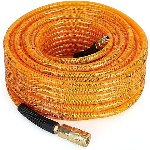 FYPower Air Compressor Hose 1/4 Inch x 100 Feet Flexeel Reinforced Polyurethane (PU) Air Hose with Fittings, Bend Restrictors, 1/4" Industrial Quick Coupler and Plug Kit Cover