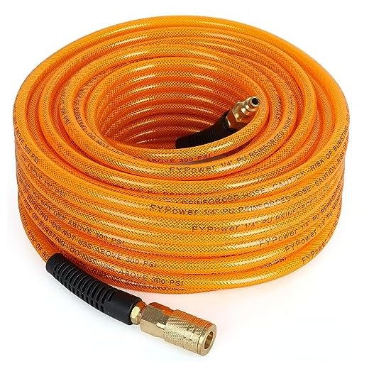 FYPower Air Compressor Hose 1/4 Inch x 100 Feet Flexeel Reinforced Polyurethane (PU) Air Hose with Fittings, Bend Restrictors, 1/4" Industrial Quick Coupler and Plug Kit