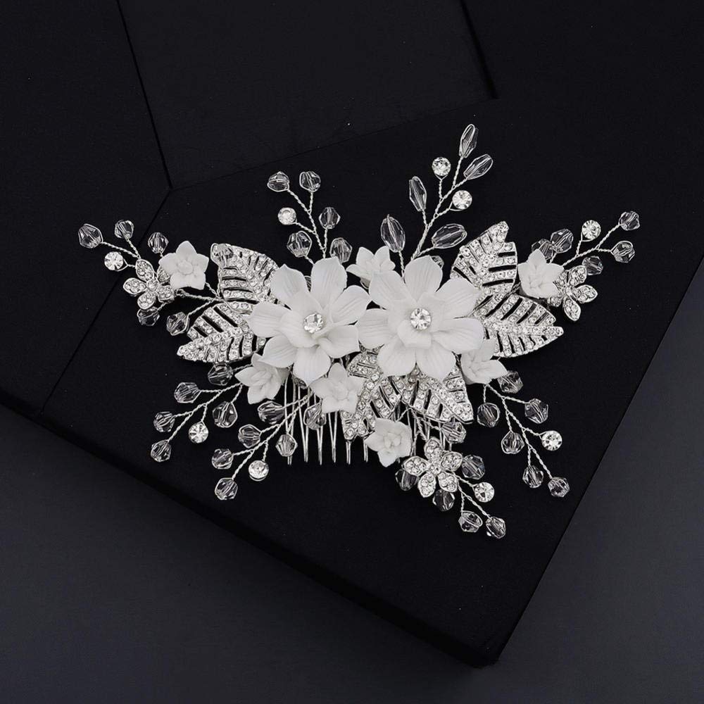 Braut Brautjungfer Haarkamm Clip Haarschmuck, Braut Blume Haarkamm Silber, Strass Vintage Seitenkamm, künstlicher Abschlussball Strand Haarschmuck für Frauen und Mädchen