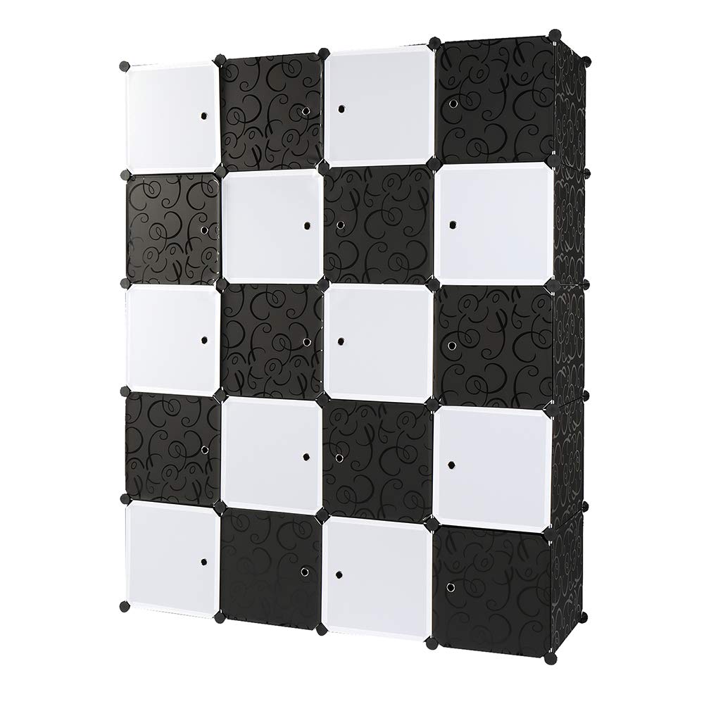 Armoire Penderie Modulable, 20 Cubes, Armoire Chambre, Étagère de Rangement avec Portes, pour Le Stockage de vêtements, Jouets, etc.. (Porte Noire et Blanche, 140 x 45 x 175 cm)