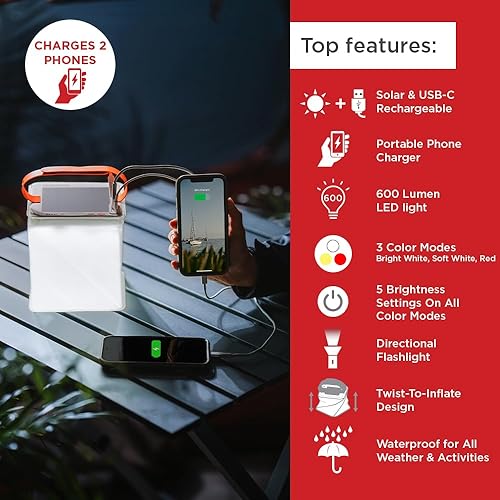 Miniatura 2 de LuminAID Linterna solar Survivor con cargador de teléfono dual, lámpara LED inflable para camping, senderismo y viajes, luz de emergencia para