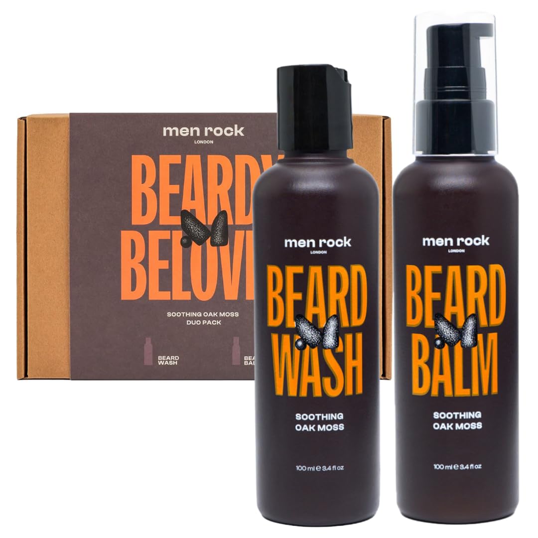 Men Rock Beardy Beloved Soothing Essential Beard Kit – Oak Moss – Softening Beard Balm and Wash – Mens Face Care – Skincare Products for Men – 2 Pc