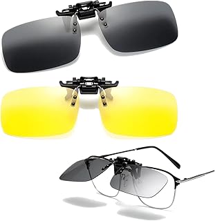 Polarized Unisex Clip On Sunglasses Flip Up Rimless Myopia Nearsighted Sunglasses Day+Night Vision Clip on Sunglasses/Myopia Glasses for Driving(2 Pack) black