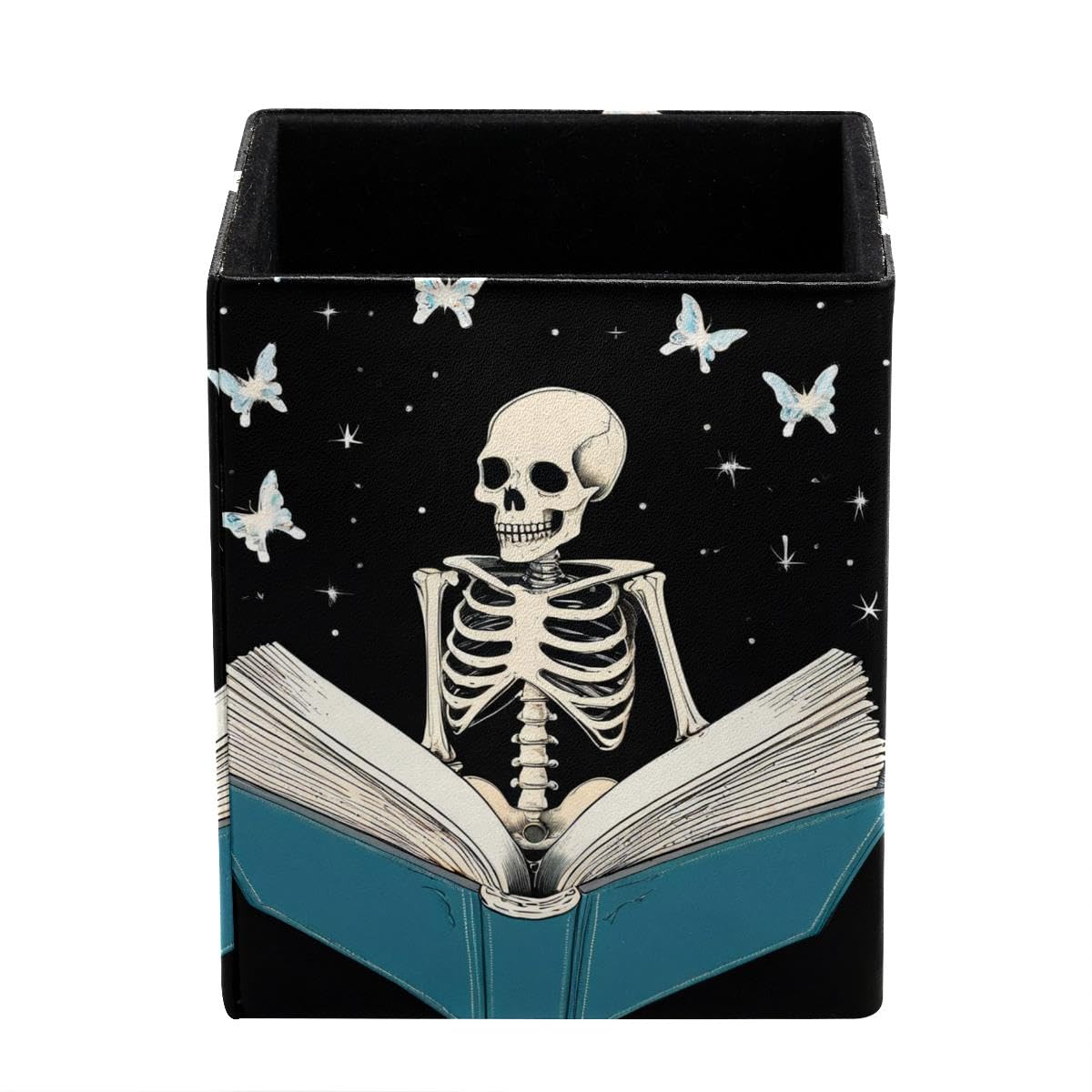 HEOEH Skeleton Reading Book Pen Holder Pen Pot, Square Pencil Cup for Desk