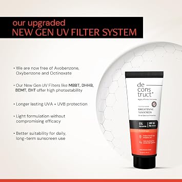 Deconstruct Brightening & Glow Sunscreen SPF 55+ And PA++++ | Dewy Sunscreen | For Dry Skin | Water Resistant, No White Cast, Quick Absorbing | For Women and Men | 50g