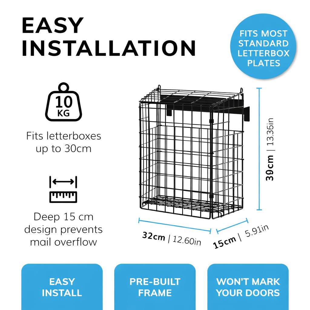 House Of Home Cage aux lettres pour portes en PVC – Noir – Récupérateur de courrier métallique robuste pour animaux domestiques, enfants et protection du courrier – Accès facile par le haut pour