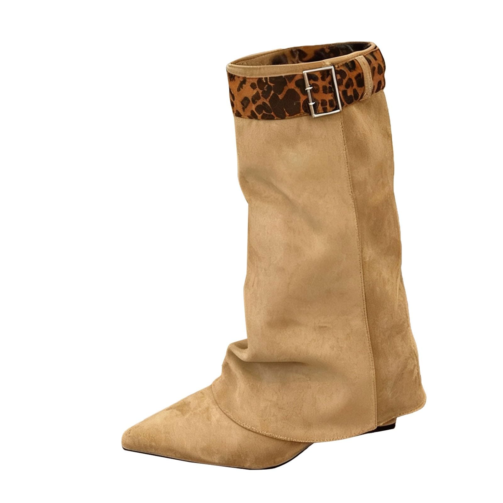 Generisch Langschaft Stiefel Damen Fold Over Shark Cowboystiefel mit Blockabsatz - Klassisch Halbhoch Weitschaftstiefel Spitzer Zehenbereich Übergangsstiefel Damenstiefel für Herbst Winter