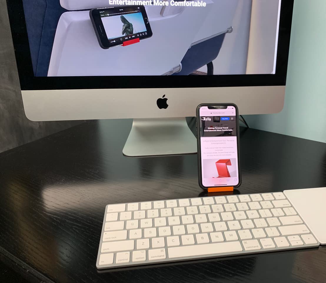 The SkyClip Bandeja para teléfono celular de avión para parte trasera del asiento, clip de mesa y soporte resistente para teléfono, compatible con iPhone, Android, tabletas y lectores, artículo