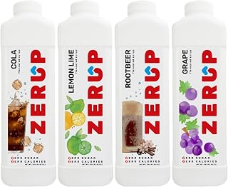 Zerup Zero Sugar Soda Pack of 4 (Cola, Lemon Lime, Rootbeer, Grape), Sugar-Free Water Enhancer, Zero Calories and Sugar, Keto Friendly, Ideal for Sparkling Water, Shakes, Smoothies, Ice Making, Great for Party, Indulgent Taste 33.8 Oz (1L)