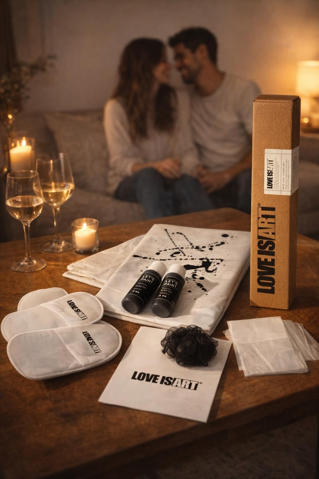Love is Art Zestaw do malowania dla par - wyjątkowe doświadczenie na randkę i romantyczny pomysł na rocznicę - kreatywne zajęcia dla par na walentynki, wesela i rocznice (białe płótno + czarna farba)