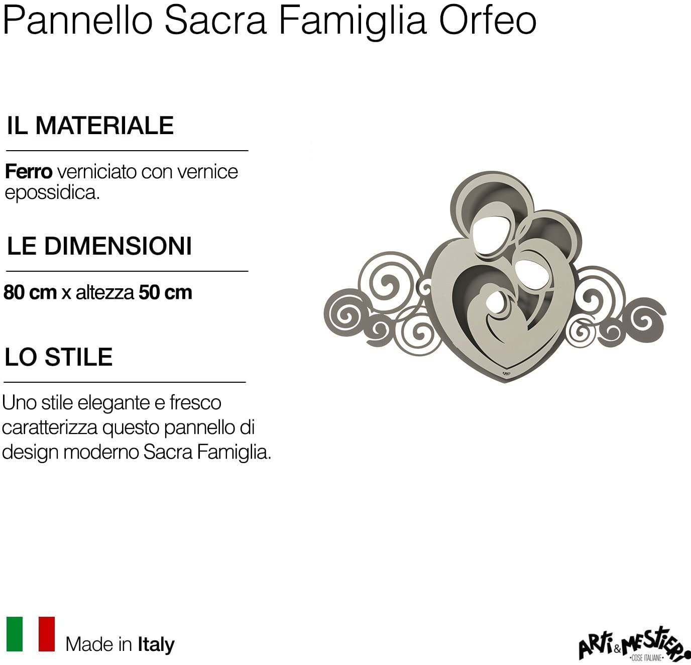 Arti & Mestieri Sacra Famiglia Orfeo - Pannello da parete di Design 100% Made in Italy - in Ferro, 80 x 50h cm (Fango e avorio)