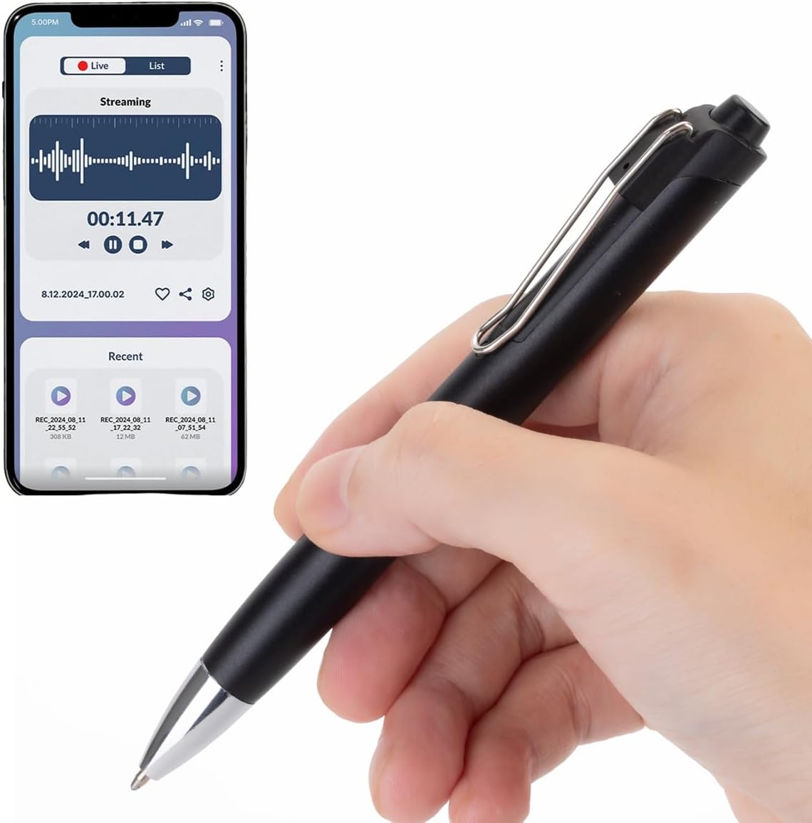 Microfono Espia Pluma WiFi Grabadora De Voz a Distancia Portable Soporta Audio En Vivo Activada por Voz Bateria 9 Dias Bateria Modo Espera