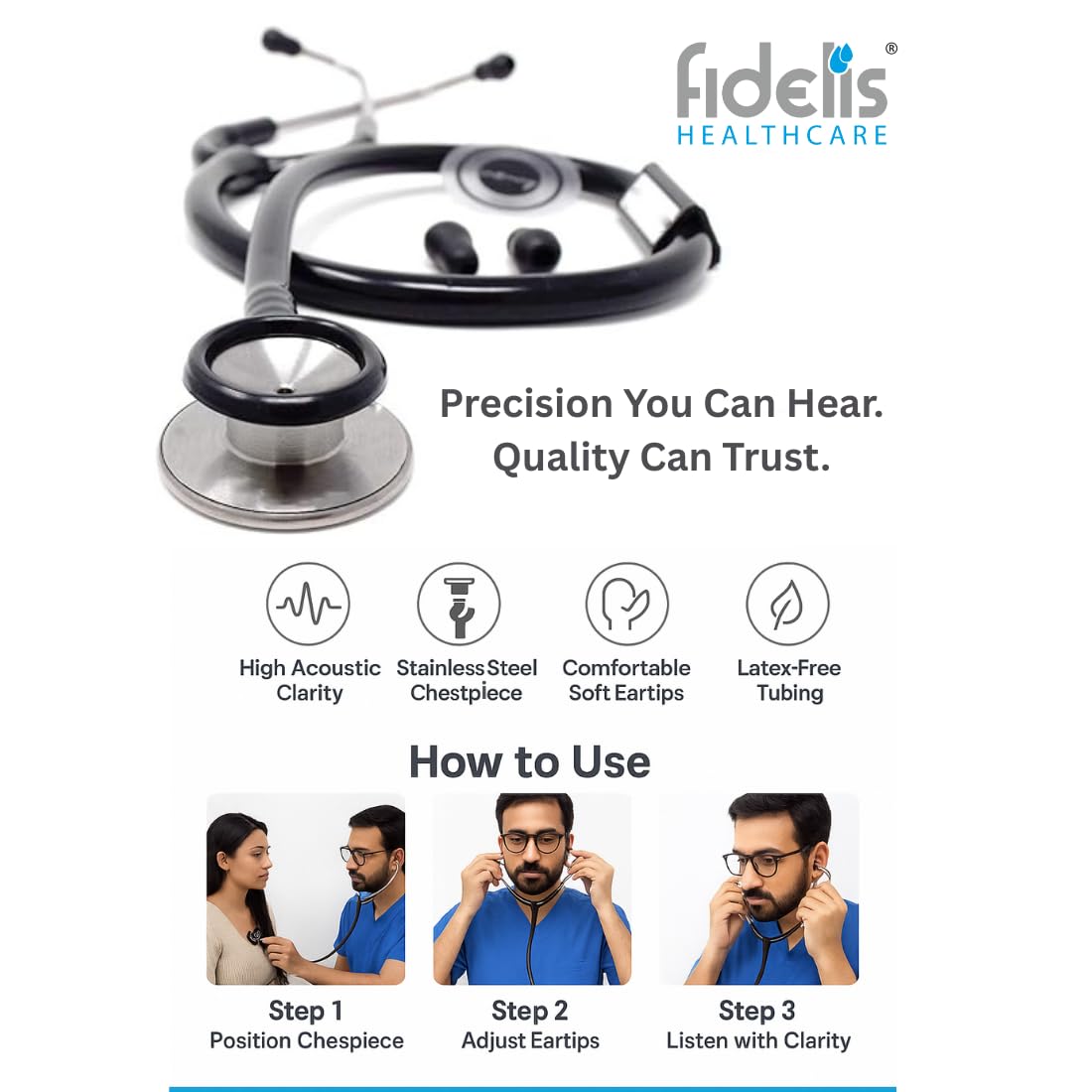 Fidelis Healthcare Dual Head Stainless Steel Stethoscope for Doctors, Medical Students & Nurses | Premium Acoustic Performance with Clear Sound | Lightweight Diagnostic Tool | Latex-Free Flexible Tube 1